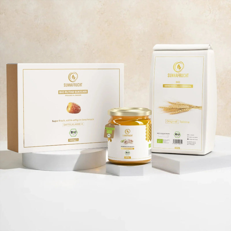 Bio Talbina Set von Sunnafrucht mit Gerstenvollkornmehl, Akazienhonig und Rutab Sukkari Datteln
