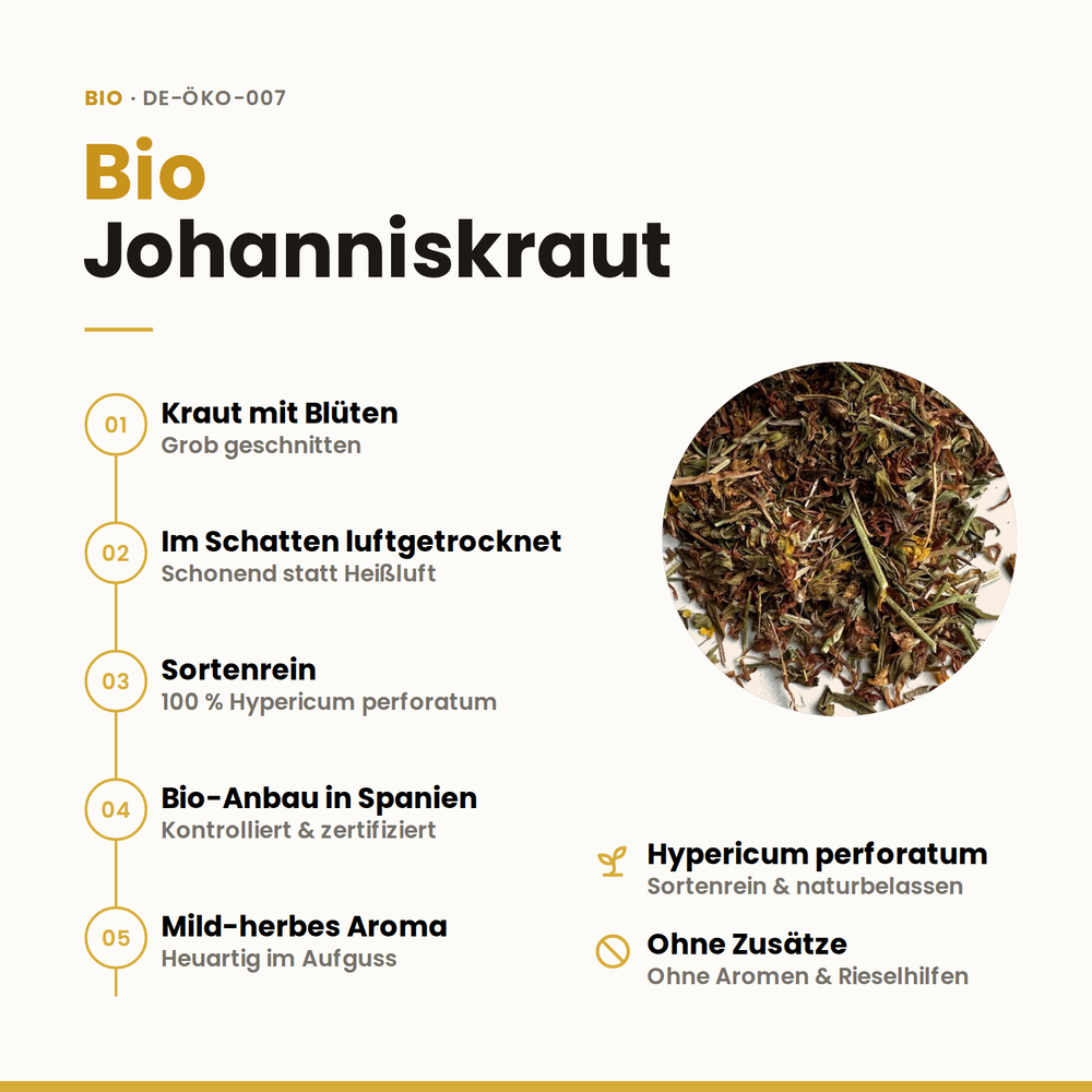 Vorteile Bio Johanniskraut: Kraut mit Blüten, im Schatten luftgetrocknet, sortenrein, Bio-Anbau in Spanien, ohne Zusätze