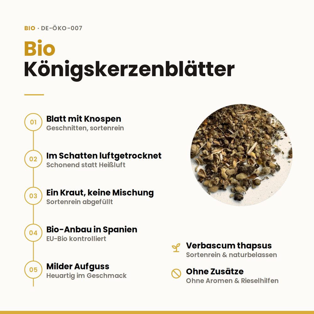 Vorteile Bio Königskerzenblätter: Blatt mit Knospen, im Schatten luftgetrocknet, sortenrein, Bio-Anbau in Spanien, ohne Zusätze